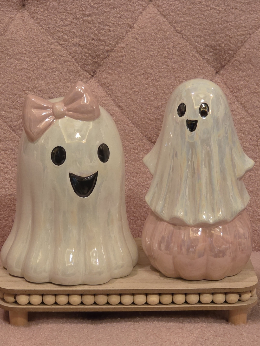 Halloween Iridescent Pink and White Ghost Figurine Set